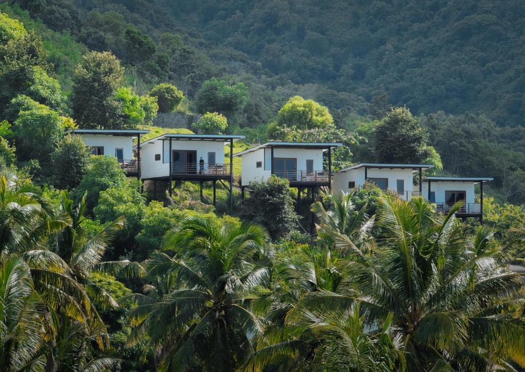 eine Reihe von Cottages auf einem Hügel mit Palmen in der Unterkunft Disini Lombok ECO Sky House, Selong Belanak in Selong Belanak