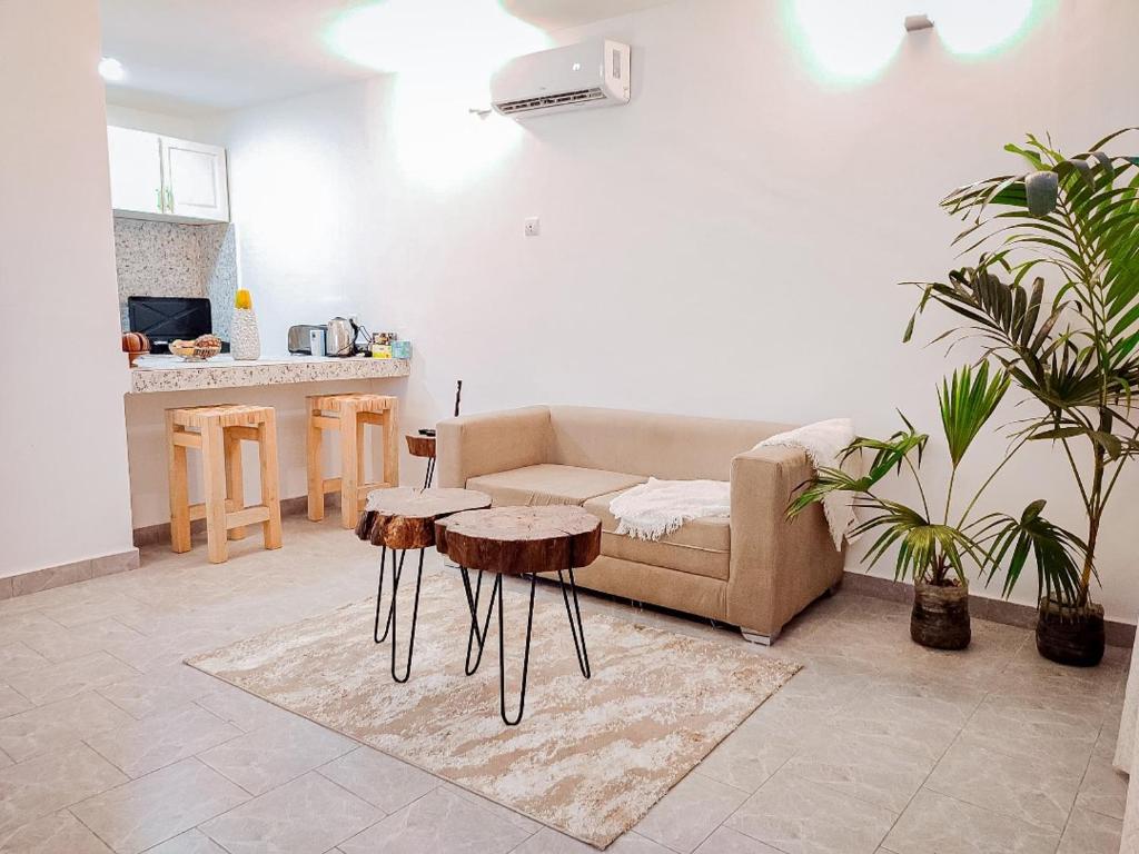 sala de estar con sofá y 2 mesas en Duplex Mbote Brazzavile, en Brazzaville