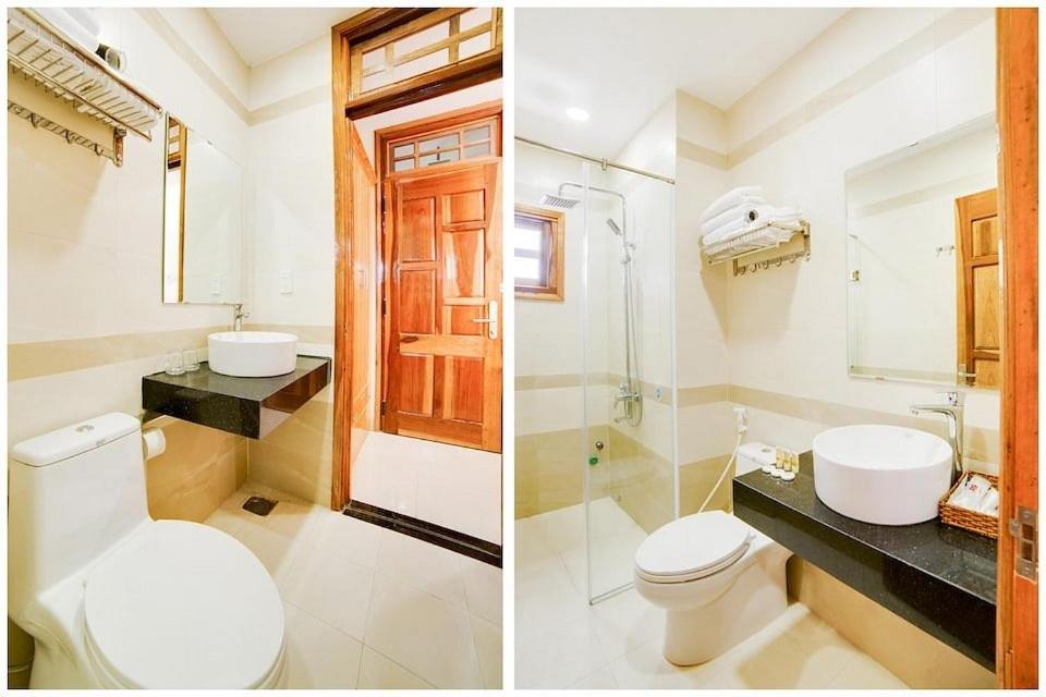 two pictures of a bathroom with a toilet and a sink at Thien Truong Hotel in Nha Trang