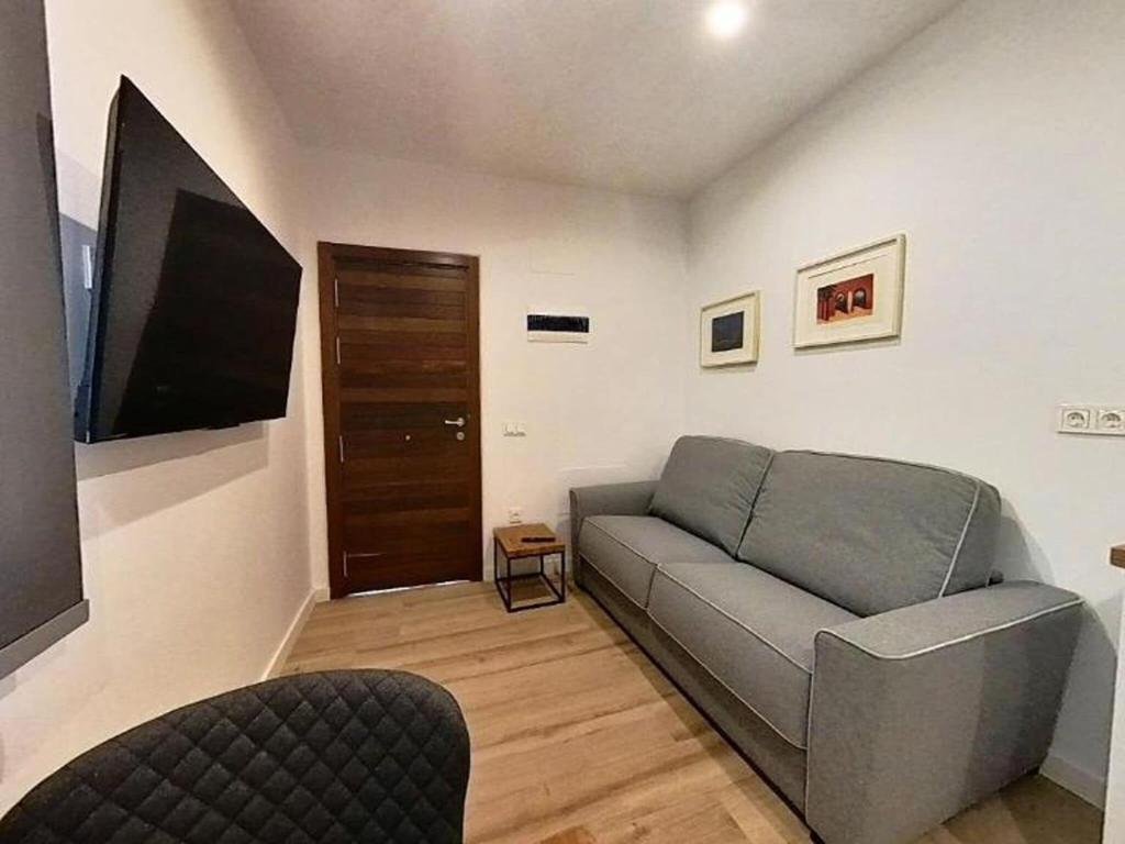 ein Wohnzimmer mit einem Sofa und einem Flachbild-TV in der Unterkunft Blue Apartment in Puerto del Rosario in Puerto del Rosario