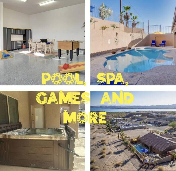 a collage of pictures of a house and a pool at HavaCabana Pool Spa Games Lake View Garage in Lake Havasu City