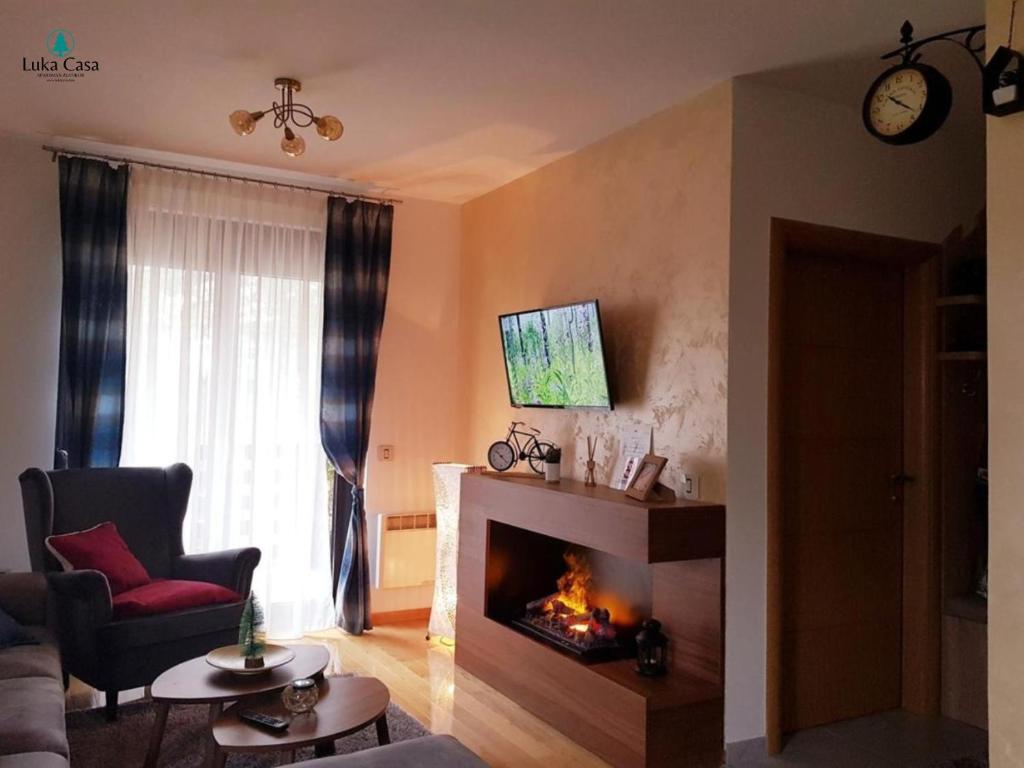 een woonkamer met een open haard bij Apartman Luka Casa in Zlatibor