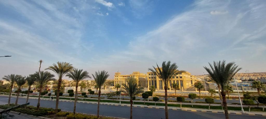 uma fila de palmeiras em frente a um edifício em Cozy Room with beautiful view In sheikh Zayed em Sheikh Zayed