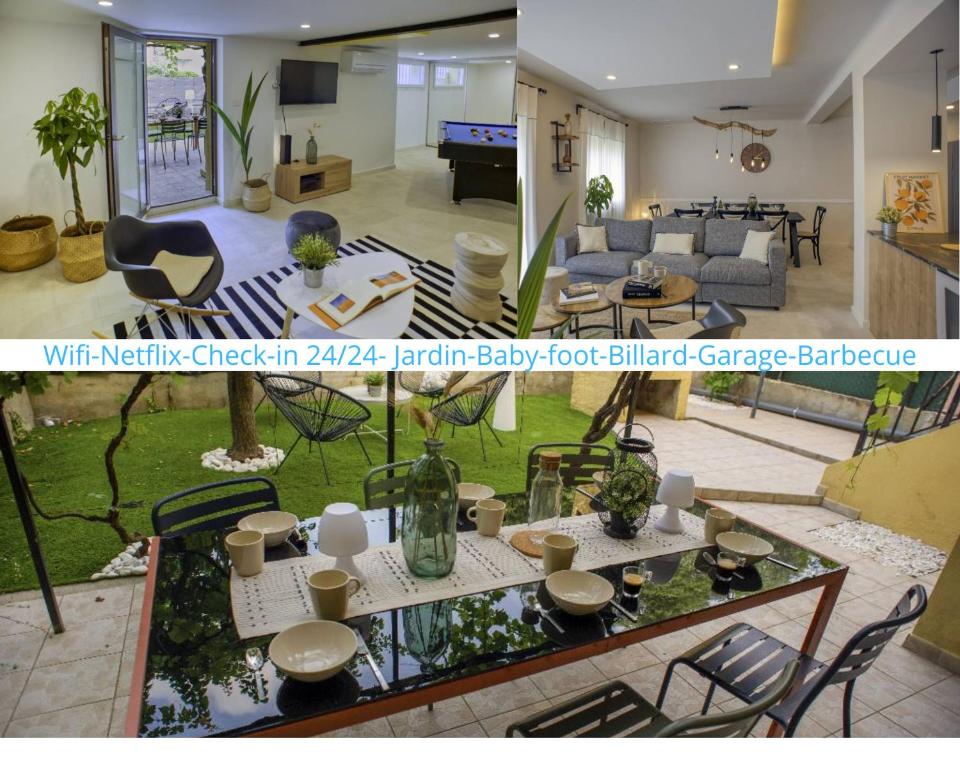 un salon avec une table, des chaises et un canapé dans l'établissement Maison spacieuse et paisible., à Perpignan