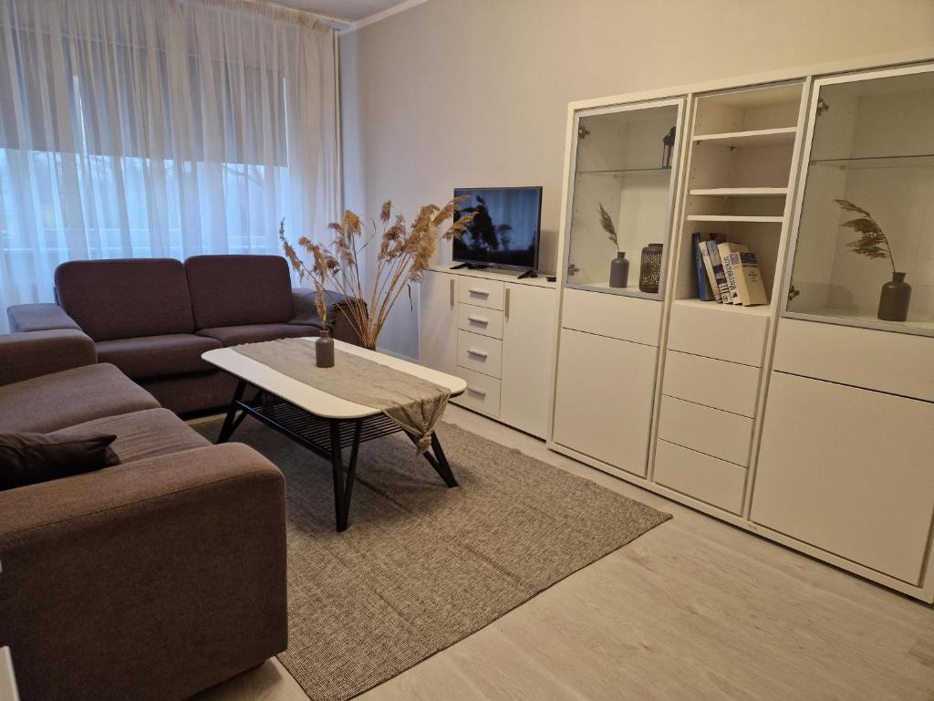 カルドラにあるKooli Apartment Kärdlasのリビングルーム(ソファ、コーヒーテーブル付)
