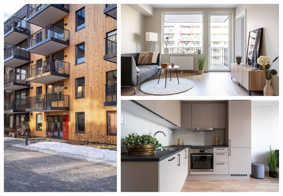 eine Collage mit drei Bildern einer Wohnung in der Unterkunft Demims Apartments Greater Oslo - Modern, Central & Stylish in Lorenskog