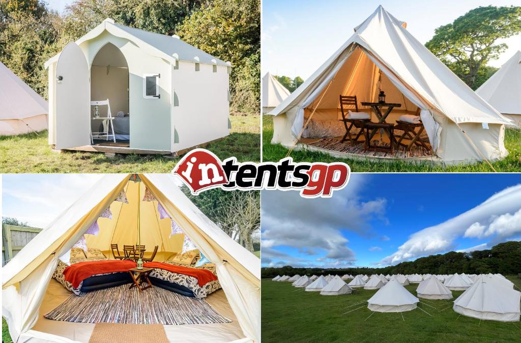 a collage of pictures of a bell tent at IntentsGP @ Isle of Man TT, IOMTT in Douglas