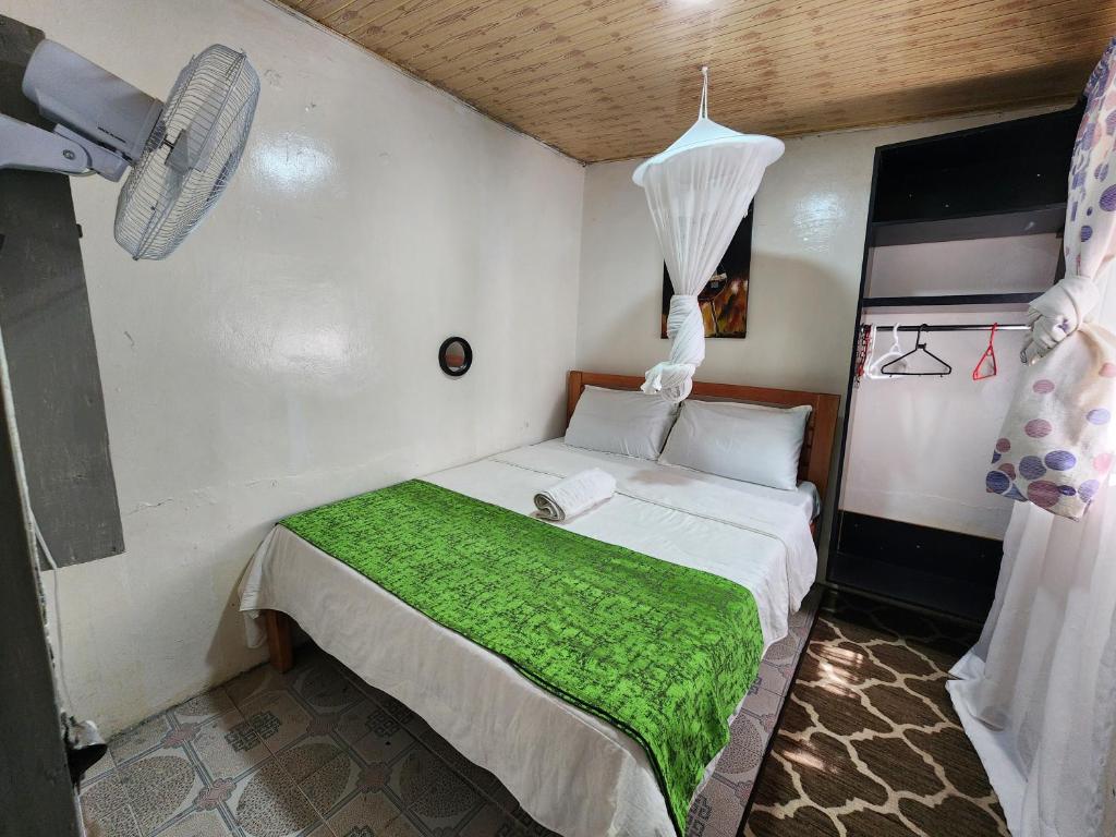 1 dormitorio con 1 cama con manta verde en Tiny 1 Bedroom with wifi and secure parking, en Kisumu