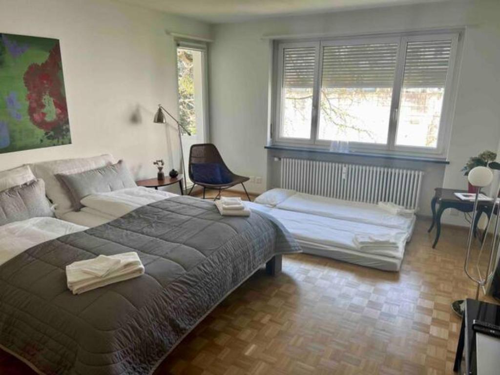 um quarto com uma cama grande e uma cadeira em Gemütliche Wohnung Nähe Uni em Basileia