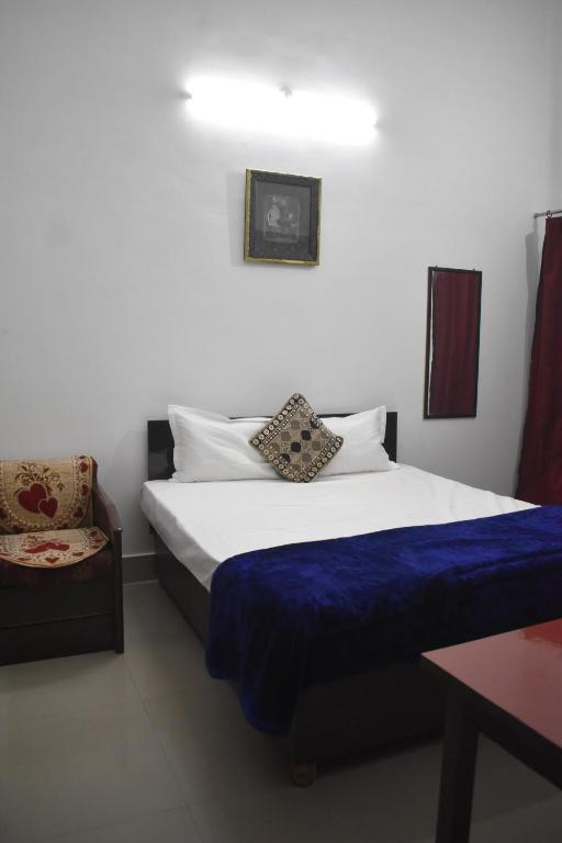 um quarto com uma cama e uma cadeira em BAGEECHA VILLA em Allahabad