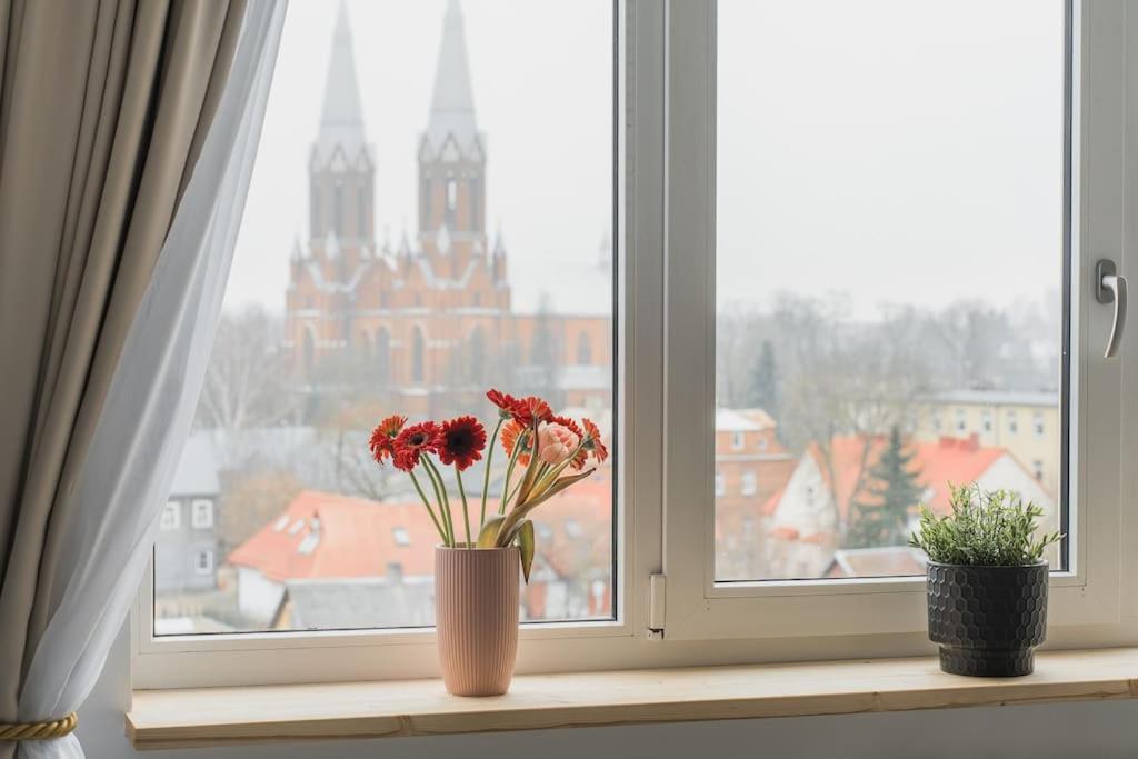una finestra con un vaso con fiori sul davanzale di una finestra di Old Town view Apartment in city center a Anykščiai