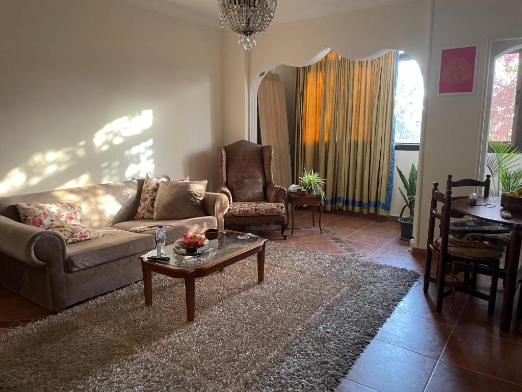 sala de estar con sofá y mesa de centro en Sunny cozy apt, en El Cairo