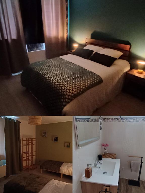 - deux photos d'une chambre avec un lit et un lavabo dans l'établissement Au Bon Accueil, à Feuquières