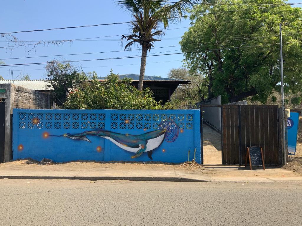 a blue fence with a mural of a dolphin on it at La ballena cosmic las peñitas in Las Peñitas