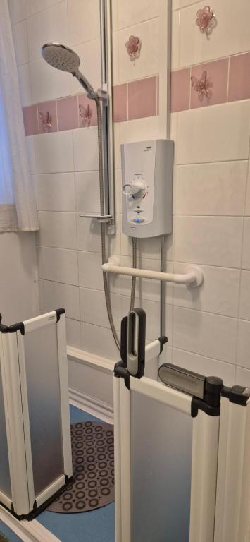 W łazience znajduje się prysznic ze szklanymi drzwiami. w obiekcie Serene Double Room w Londynie