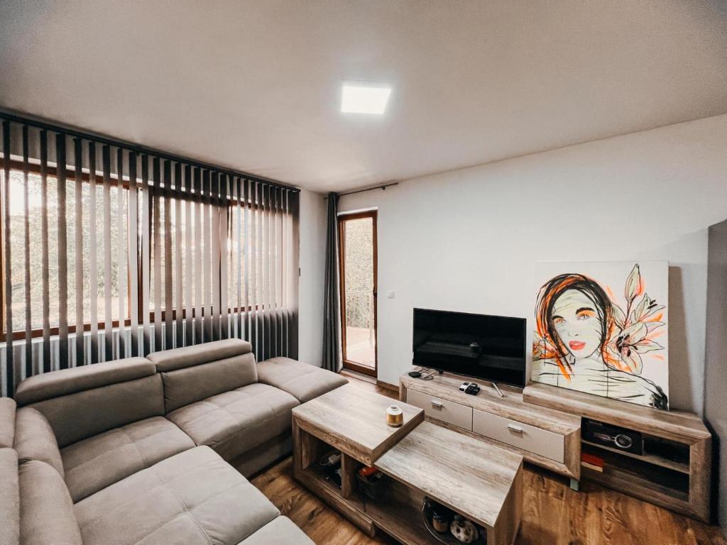 a living room with a couch and a flat screen tv at O3 Apartments in Tivat
