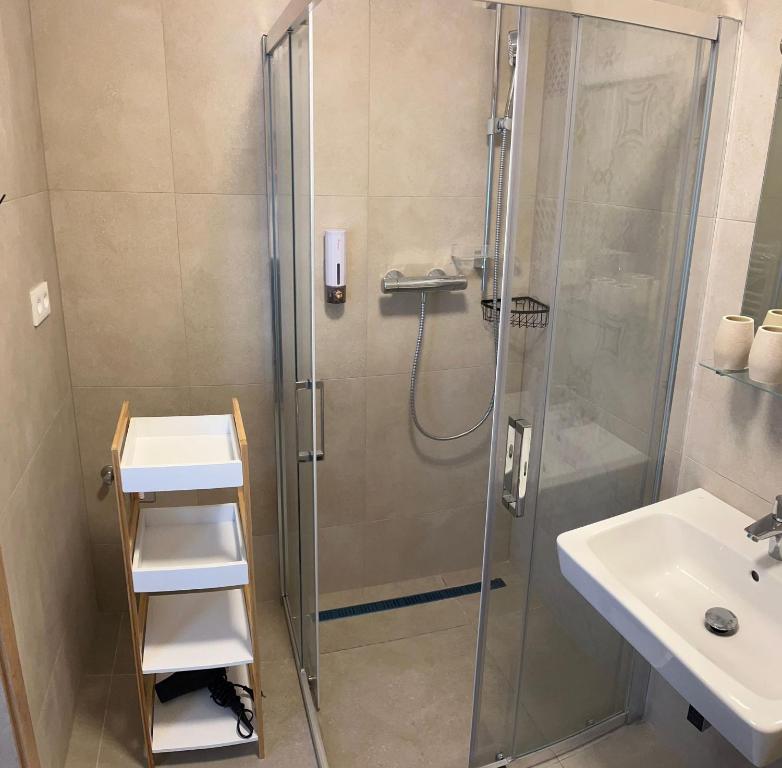 ein Bad mit einer Dusche und einem Waschbecken in der Unterkunft Apartmán U Tedyho in Kašperské Hory