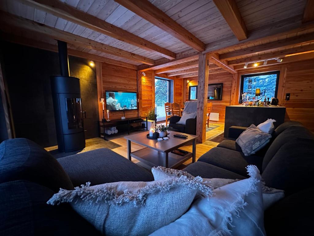 賽倫的住宿－Sälen Moderna Lodge，客厅配有沙发和桌子