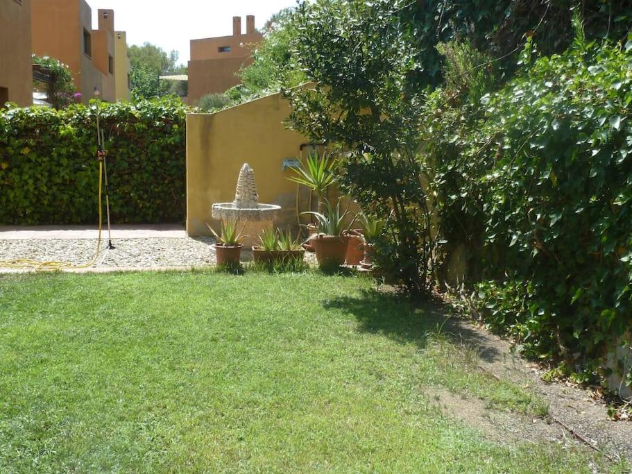 einen Garten mit einem Brunnen und Pflanzen im Hof in der Unterkunft Casa para 7 pax a 650m de la playa in Tarragona