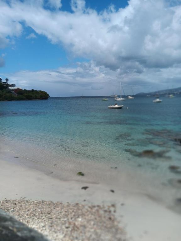 a view of a beach with boats in the water at Pagerie bas de villa in Les Trois-Îlets