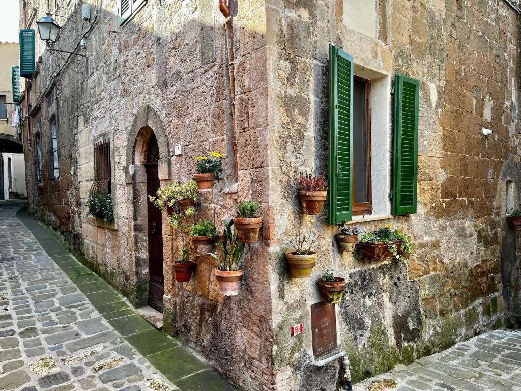 un callejón con macetas al lado de un edificio en Santa Monaca Medieval House, en Sorano