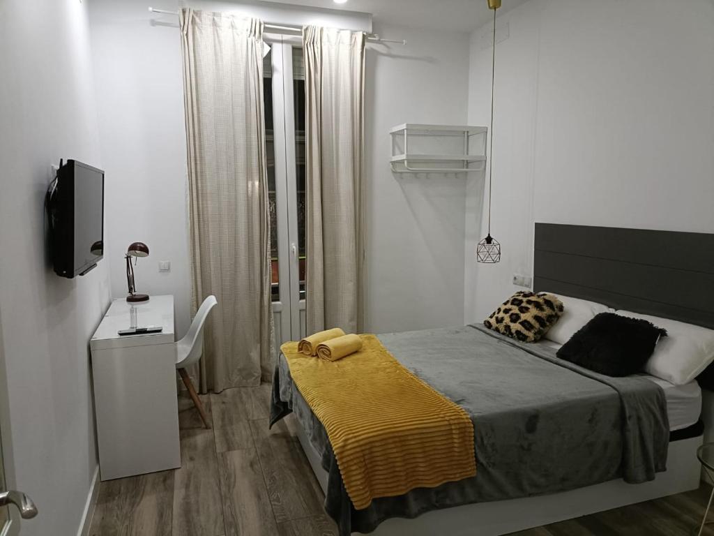 a bedroom with a bed and a desk and a television at Habitaciones Centro de Madrid in Madrid