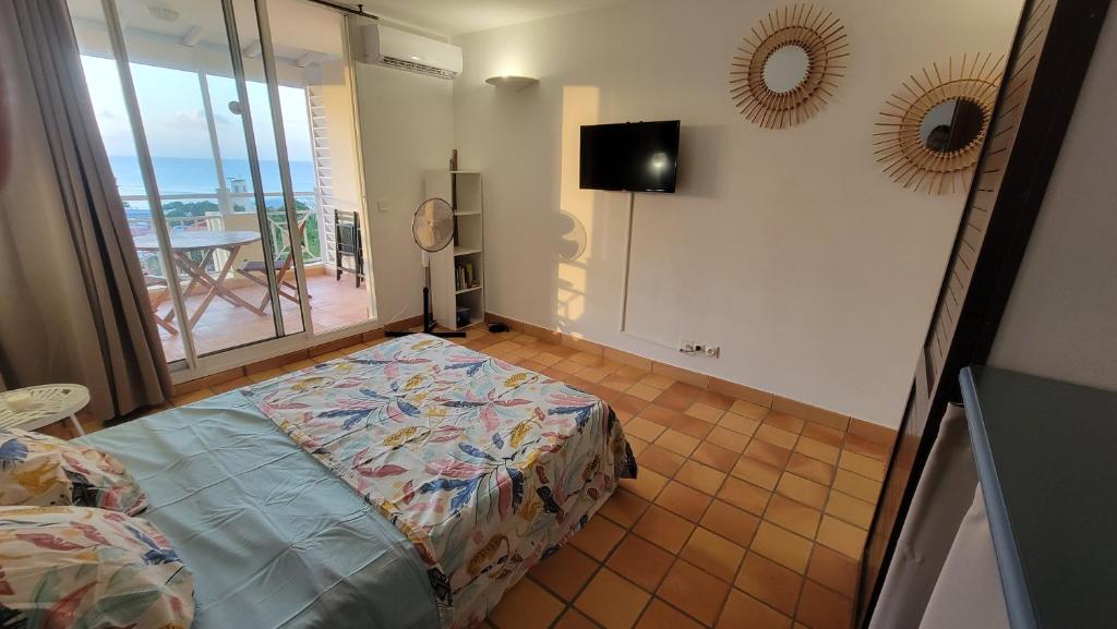 - une chambre avec un lit et une vue sur l'océan dans l'établissement Studio vue mer - Tartane, à La Trinité