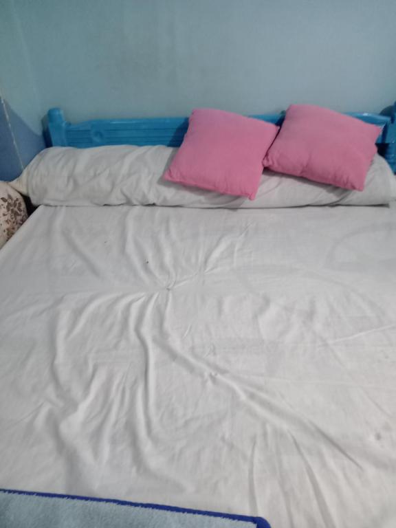 a bed with two pink pillows on top of it at Beda in Madīnat as Sādāt