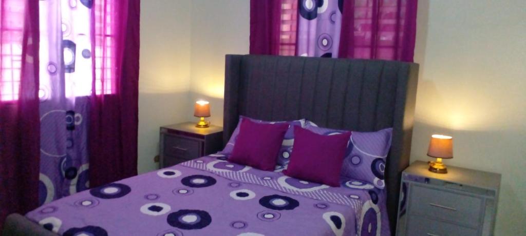 sypialnia z fioletowym łóżkiem z fioletowymi poduszkami w obiekcie Maria e Nicola w mieście Jarabacoa