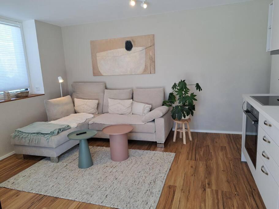 ein Wohnzimmer mit einem Sofa und einem Tisch in der Unterkunft Stilvolles Appartement in Kaufbeuren