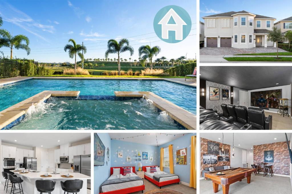 eine Collage mit Fotos eines Hauses mit Pool in der Unterkunft Modern House with Pool, Theater, Game Room, near Disney - 2316 in Loughman