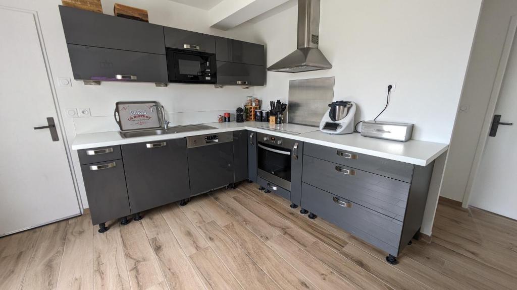 uma cozinha com armários pretos e um balcão branco em Proche circuit des 24 heures du Mans em Moncé-en-Belin