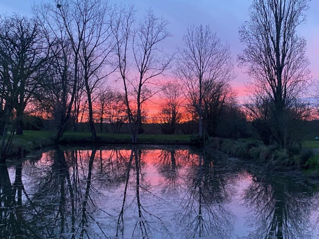 a sunset over a body of water with trees at Maison d hôtes Les Chantours dans réserve naturelle 15 hectares in Saint-Antoine-Cumond