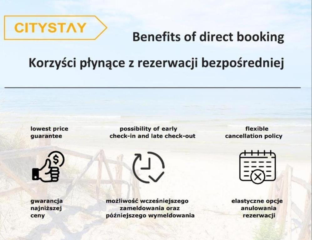 a screenshot of a website with the benefits of direct booking at CITYSTAY Szopy Studio Apartament w centrum in Gdańsk