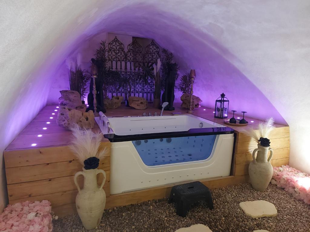 Zimmer mit Badewanne in einem lila Zimmer in der Unterkunft L'Atelier Des Roses in Lunéville