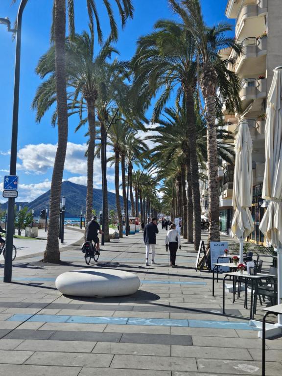 a street with palm trees and people walking down a sidewalk at HOSTAL LUXURY NIT I DIA in Altea
