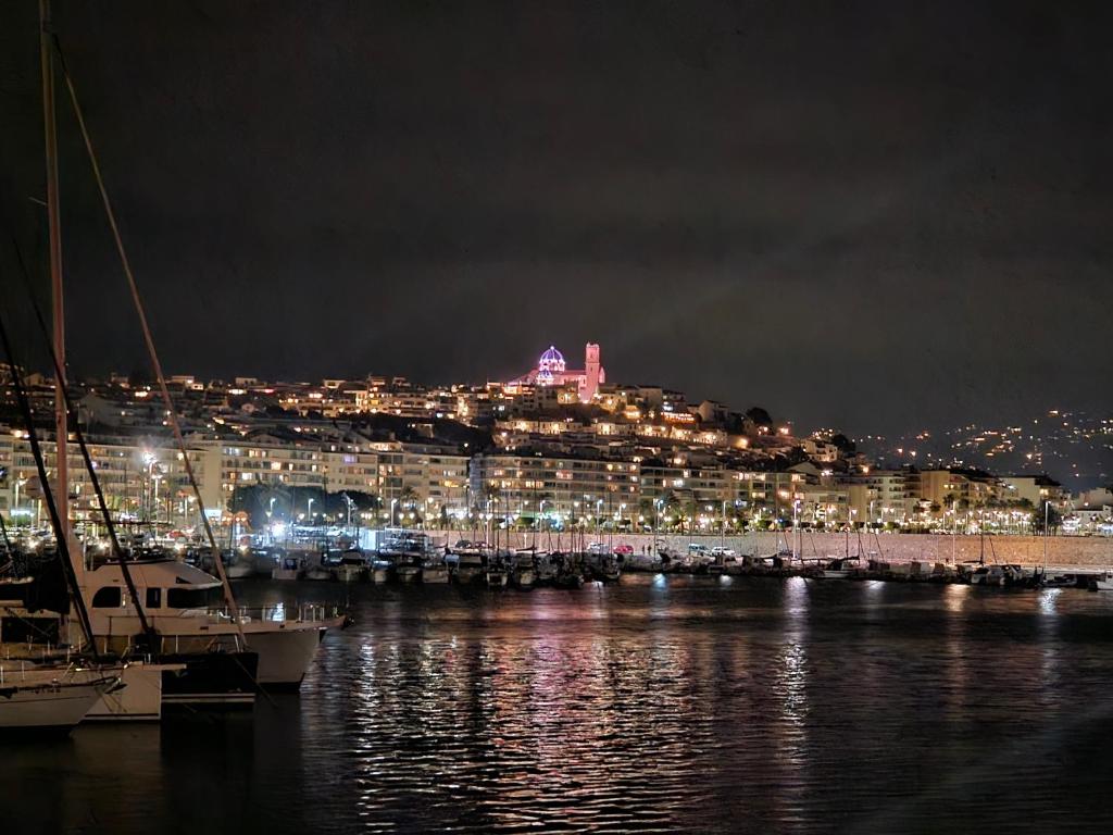 a view of a city at night with boats in the water at HOSTAL LUXURY NIT I DIA in Altea