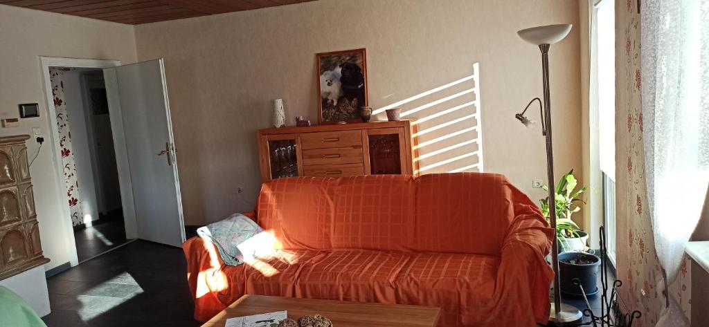 un soggiorno con divano arancione e tavolo di Ferienwohnung Marie a Nohfelden