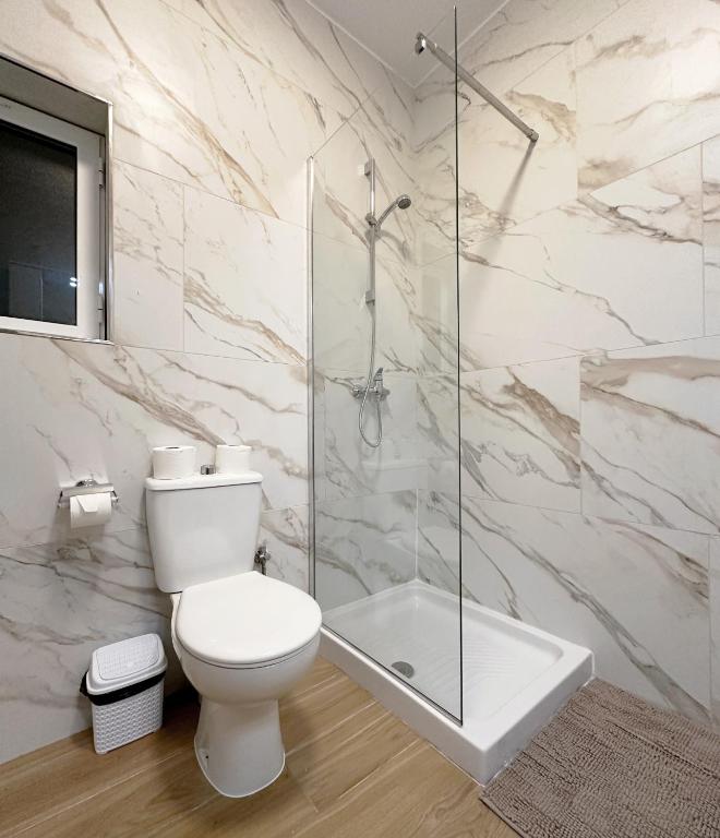 a bathroom with a toilet and a glass shower at Miami Apartments in St. Julianʼs