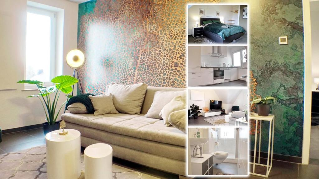 un collage de fotos de una sala de estar con sofá en Modernes, zentrales Apartment in Troisdorf, Region Köln Bonn, maximal für 4 Personen, Parkplatz & Netflix inklusive en Troisdorf