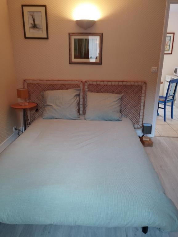 1 dormitorio con 1 cama grande con almohadas azules en Eure et Loir- Le Catalpa, en Goussainville