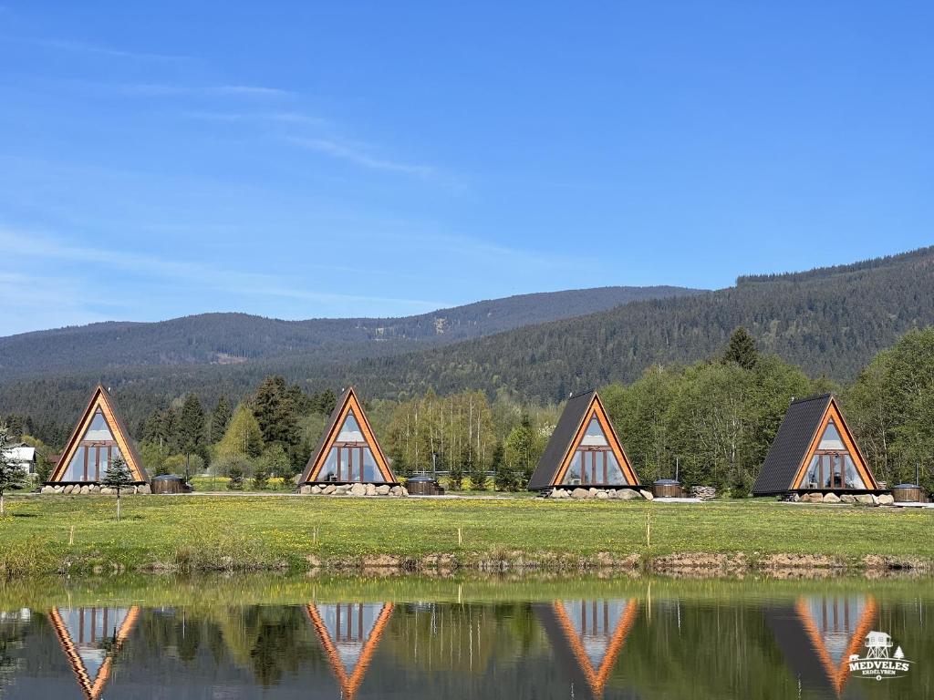 un grupo de casas triangulares sentadas junto a un lago en Transylvania Apartments en Borzont