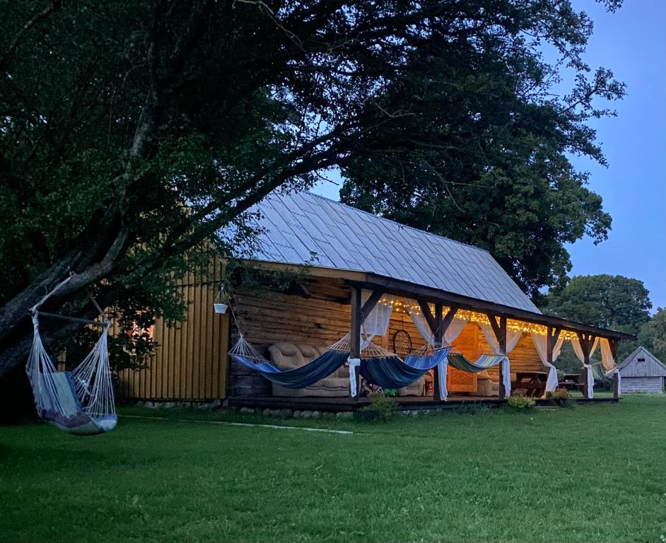 eine Blockhütte mit Hängematten im Hof in der Unterkunft Gaismas klēts in Upmaļciems