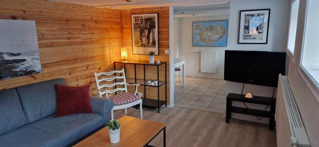 ein Wohnzimmer mit einem Sofa und einem TV in der Unterkunft Charming apartment in Old town - great location in Reykjavík