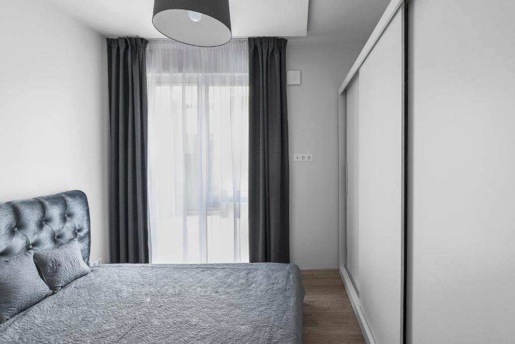 パランガにあるGold holiday Apartments - "Forest Secrets" Mano jūra 2のベッドと大きな鏡のある寝室