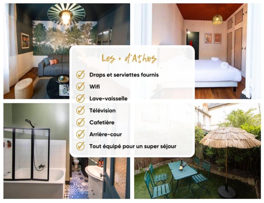 a collage of photos of a bedroom and a room with a bed at Athos, l'élégant in Orléans