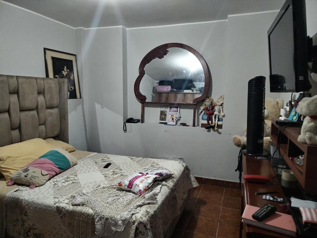 a bedroom with a bed and a mirror on the wall at EL MANZANO in Lima