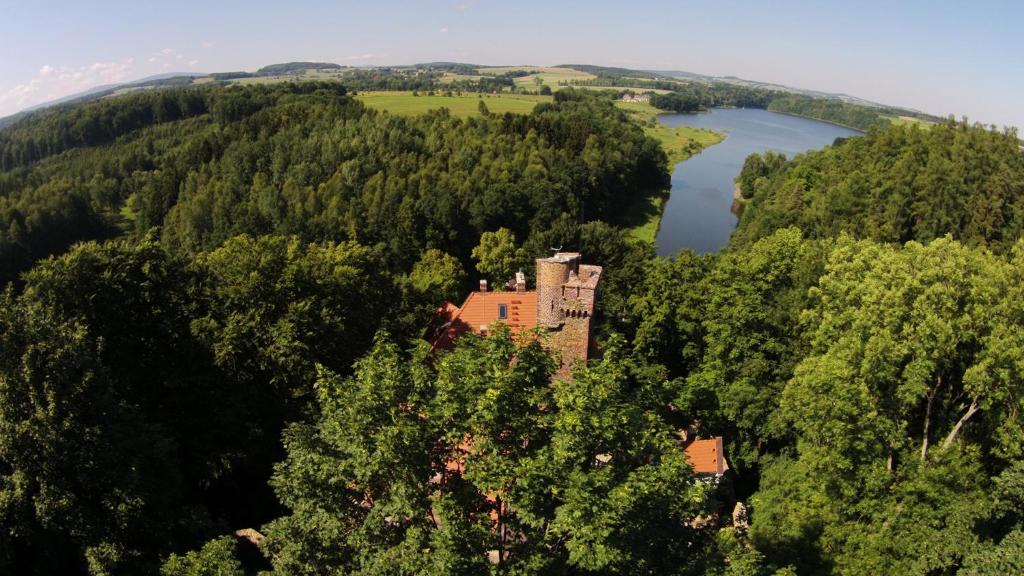 una vista aérea de un castillo en medio de un lago en Zamek Rajsko, en Zapusta