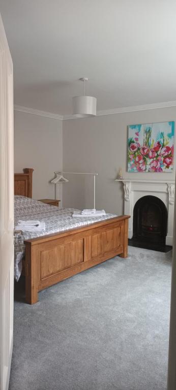 um quarto com uma cama e uma lareira em Eglinton Road - Super King - Private Bathroom em Bray
