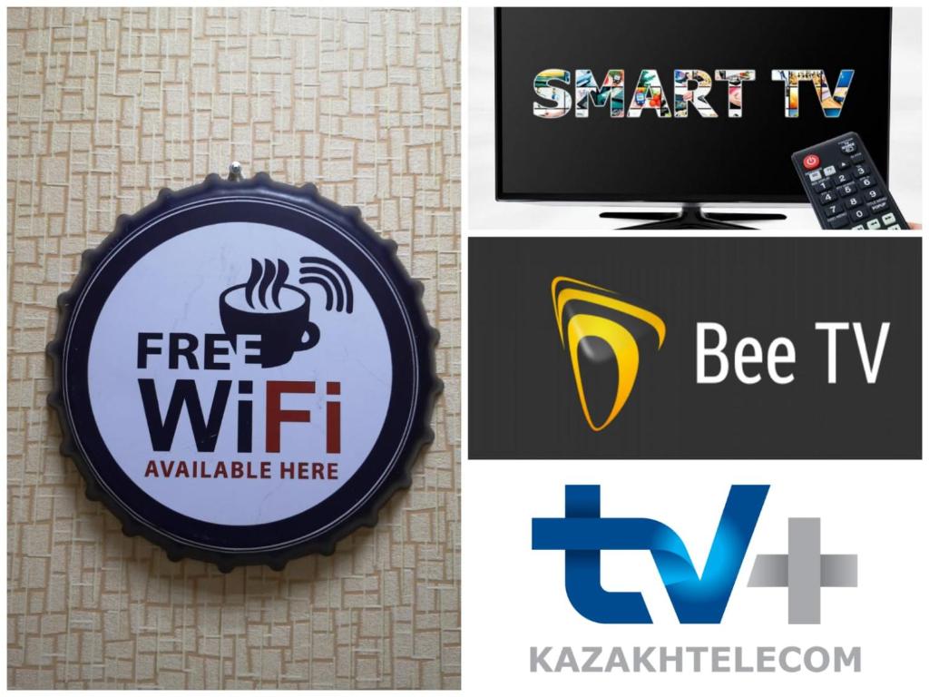 a collage of four pictures of different logos at SEVER 555 in Astana